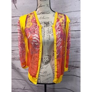 NWT Evolution By Cyrus Orange Yellow Trim Multicolored Pattern Cardigan Top‎ Sm
